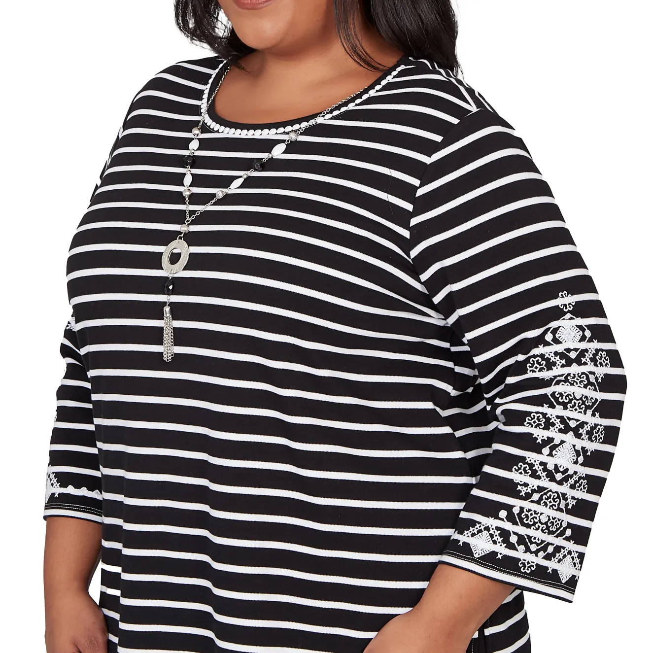 Alfred Dunner Pinstripe Embroidered Sleeve Top with Necklace, Plus