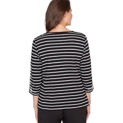 Alfred Dunner Pinstripe Embroidered Sleeve Top with Necklace