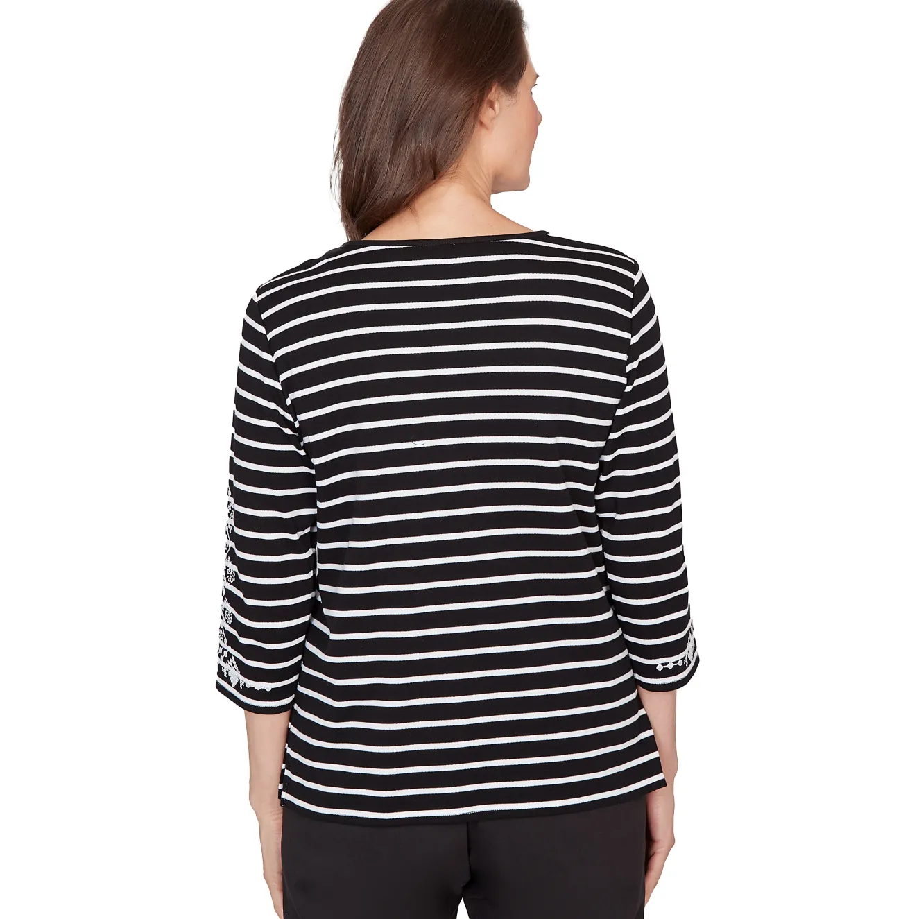 Alfred Dunner Pinstripe Embroidered Sleeve Top with Necklace