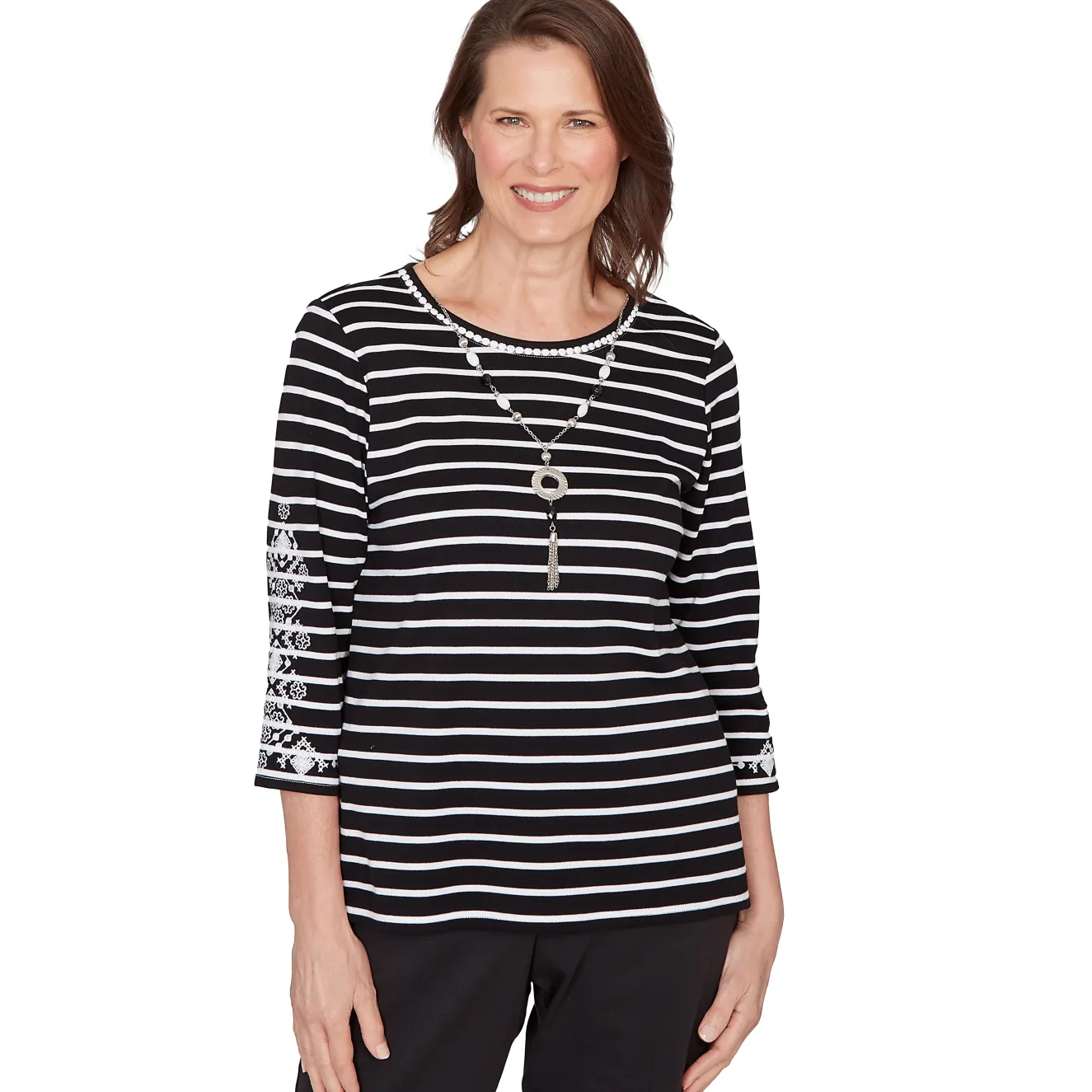 Alfred Dunner Pinstripe Embroidered Sleeve Top with Necklace