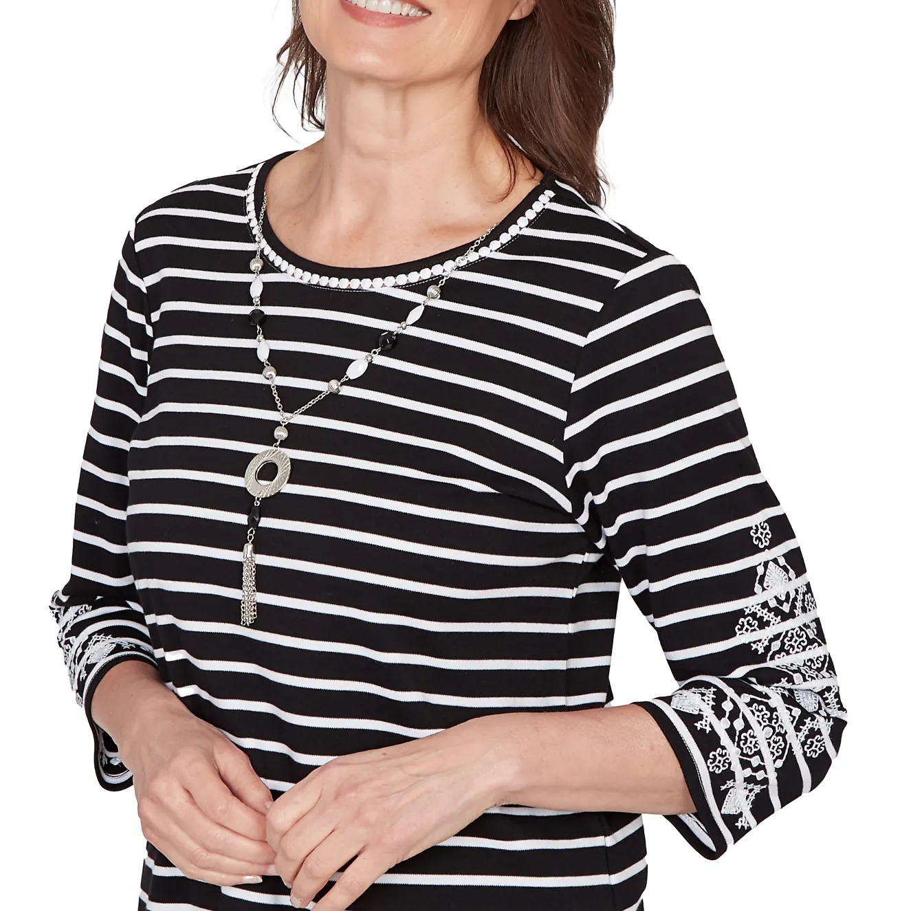 Alfred Dunner Pinstripe Embroidered Sleeve Top with Necklace
