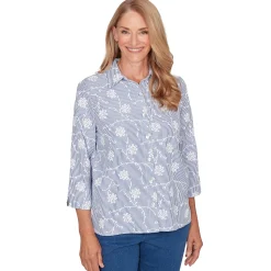 Alfred Dunner Puff Print Pinstripe Embroidered Button Down Top, Petite