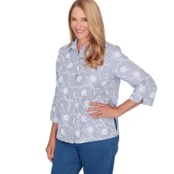 Alfred Dunner Puff Print Pinstripe Embroidered Button Down Top, Petite