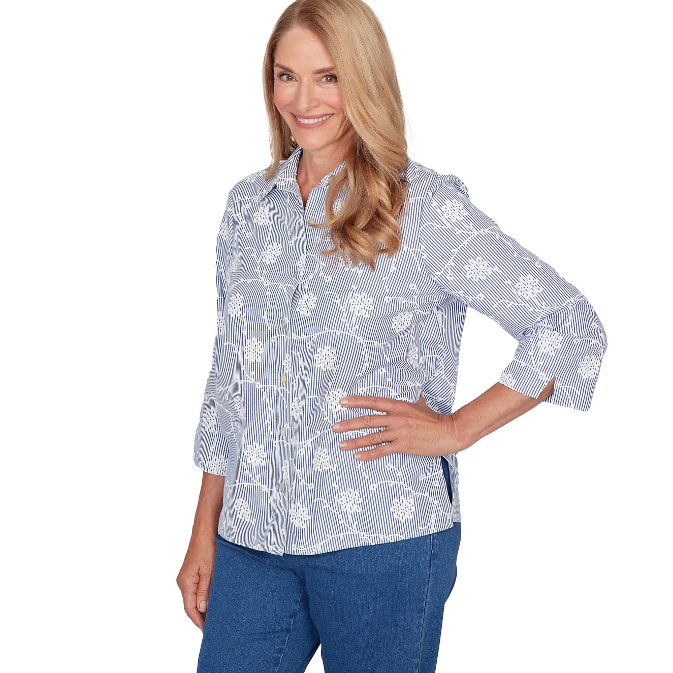 Alfred Dunner Puff Print Pinstripe Embroidered Button Down Top, Petite