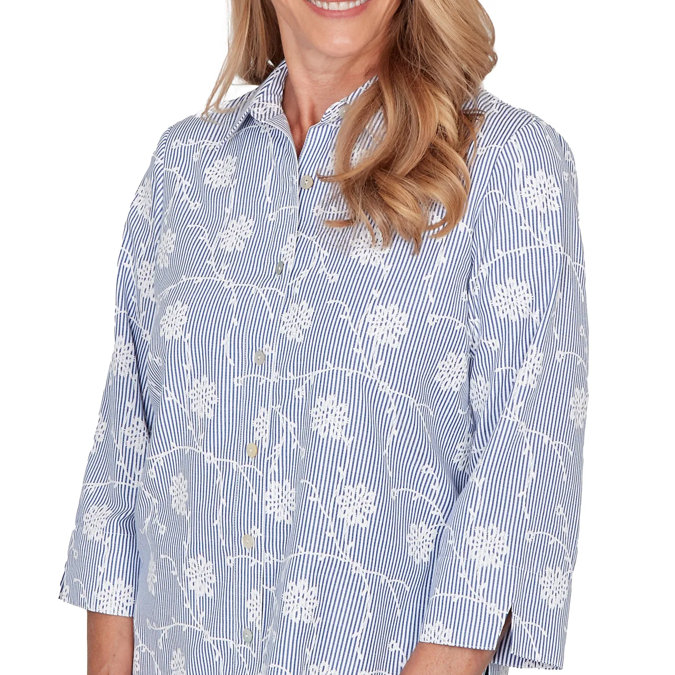 Alfred Dunner Puff Print Pinstripe Embroidered Button Down Top, Petite