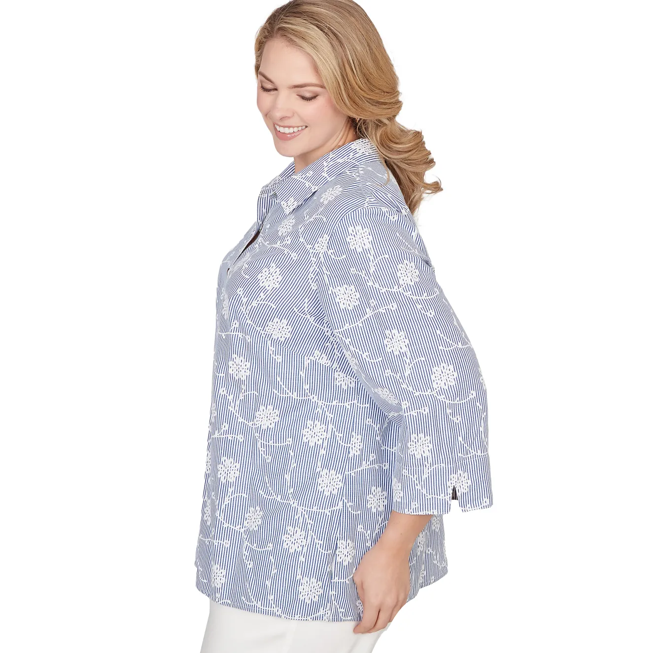 Alfred Dunner Puff Print Pinstripe Embroidered Button Down Top, Plus