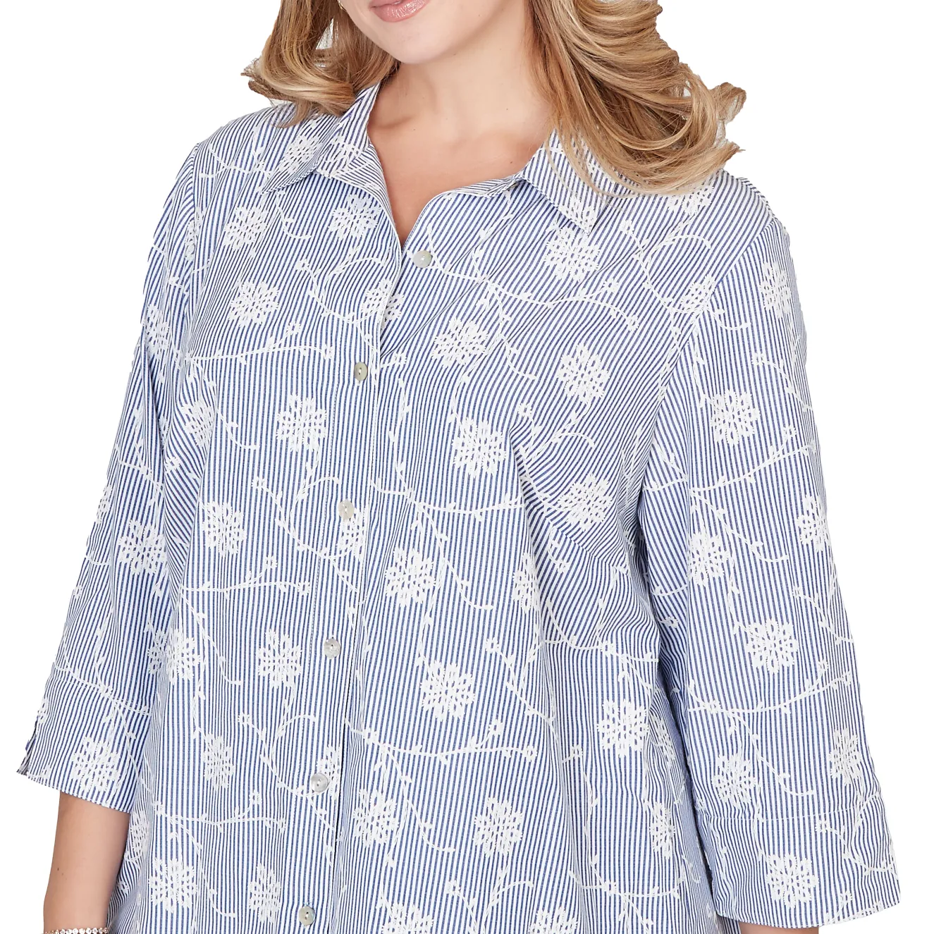 Alfred Dunner Puff Print Pinstripe Embroidered Button Down Top, Plus