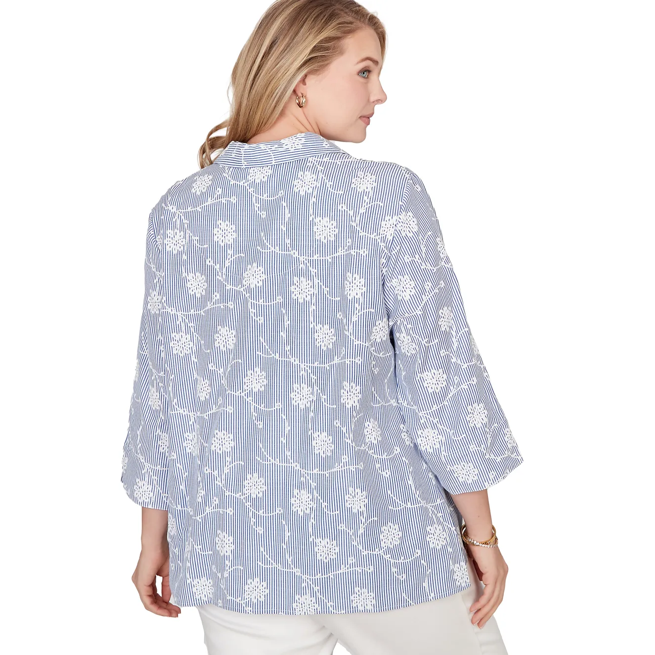 Alfred Dunner Puff Print Pinstripe Embroidered Button Down Top, Plus