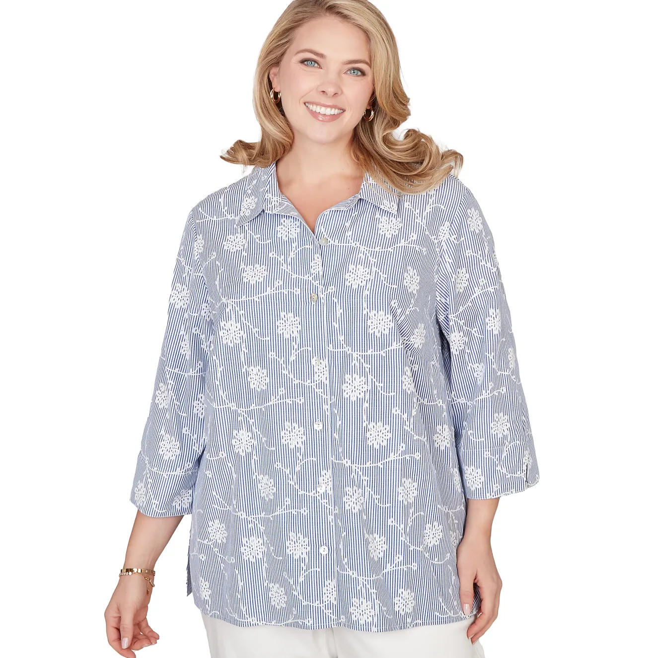 Alfred Dunner Puff Print Pinstripe Embroidered Button Down Top, Plus