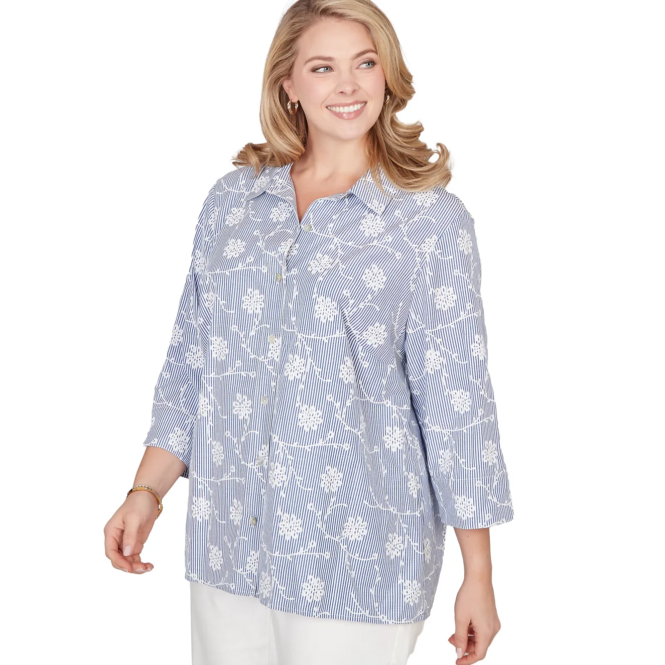Alfred Dunner Puff Print Pinstripe Embroidered Button Down Top, Plus