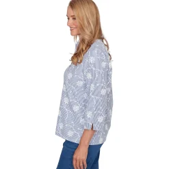 Alfred Dunner Puff Print Pinstripe Embroidered Button Down Top