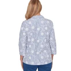 Alfred Dunner Puff Print Pinstripe Embroidered Button Down Top