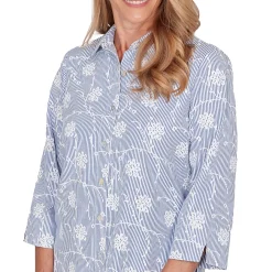 Alfred Dunner Puff Print Pinstripe Embroidered Button Down Top