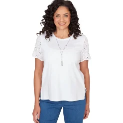 Alfred Dunner Solid Eyelet Sleeve Tee with Necklace