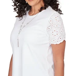 Alfred Dunner Solid Eyelet Sleeve Tee with Necklace