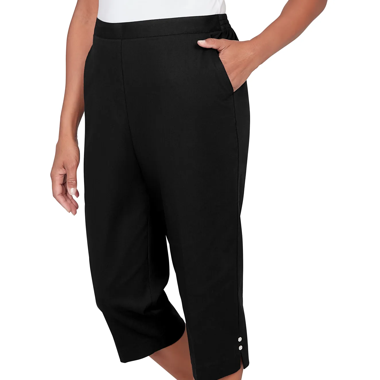 Alfred Dunner Solid Twill Button Hem Capri Pant- Petite