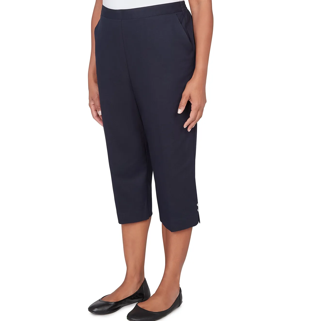 Alfred Dunner Solid Twill Button Hem Capri Pant- Petite