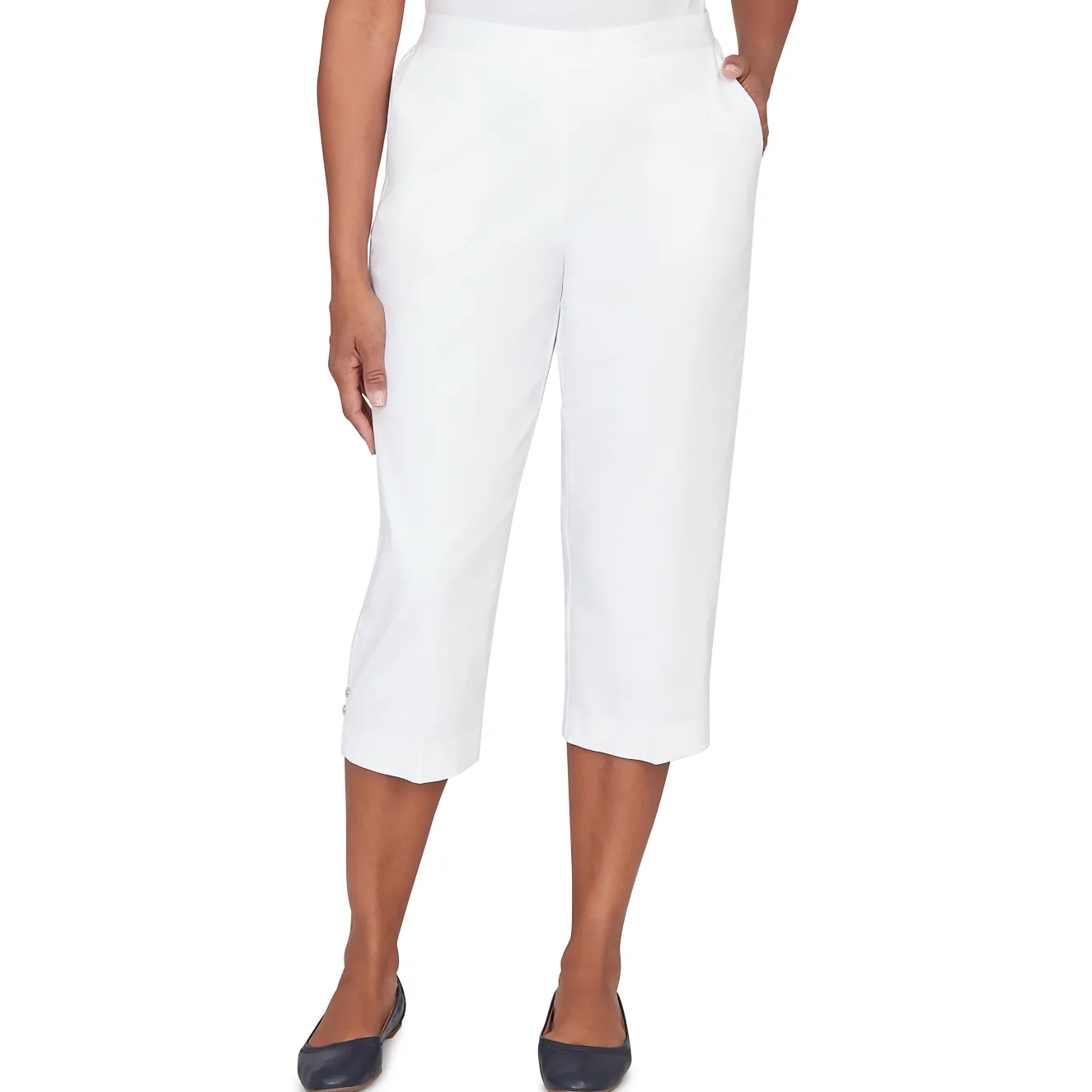 Alfred Dunner Solid Twill Button Hem Capri Pant- Petite