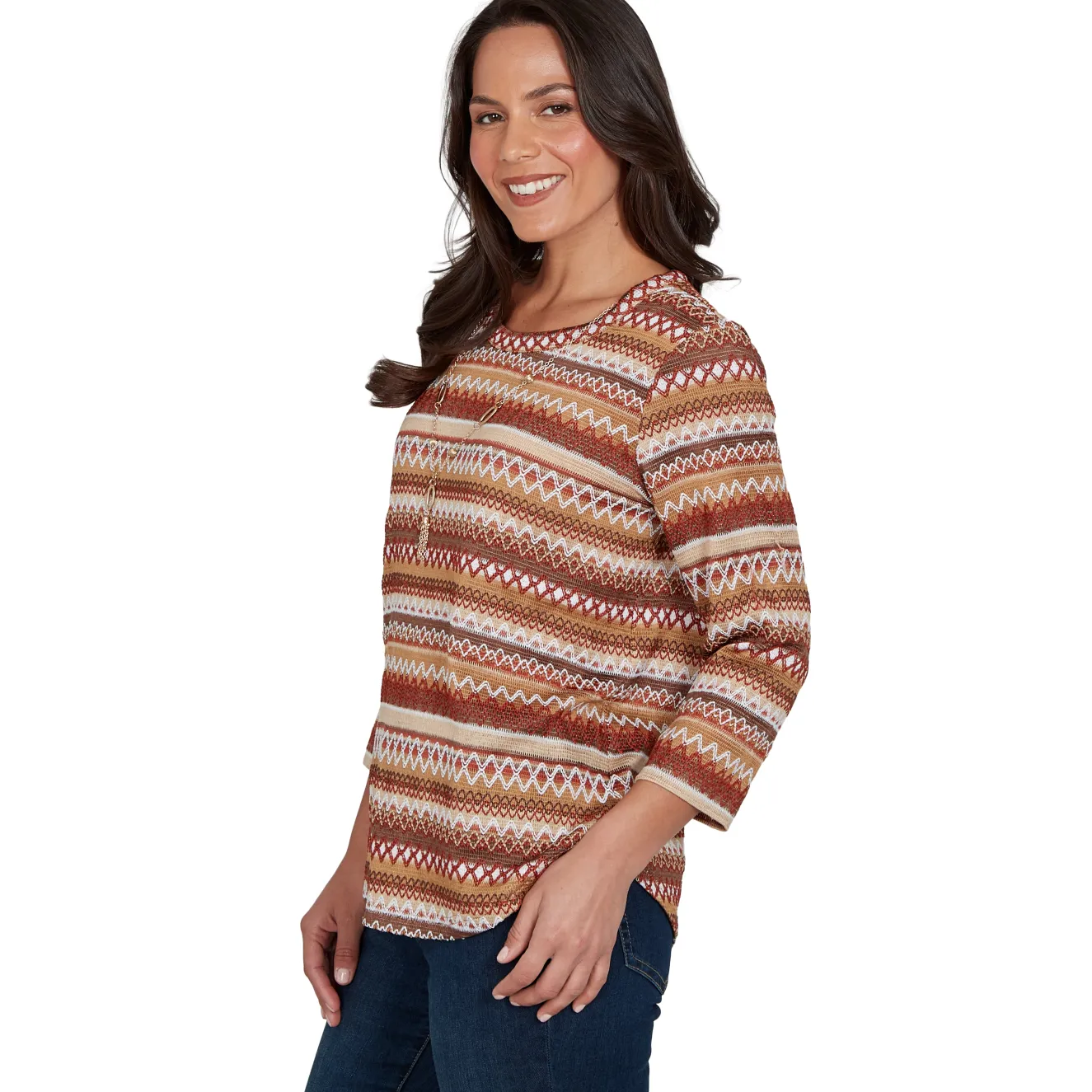 Alfred Dunner Textured Stripe Knit Top with Necklace - Tan