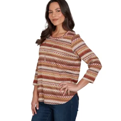 Alfred Dunner Textured Stripe Knit Top with Necklace - Tan
