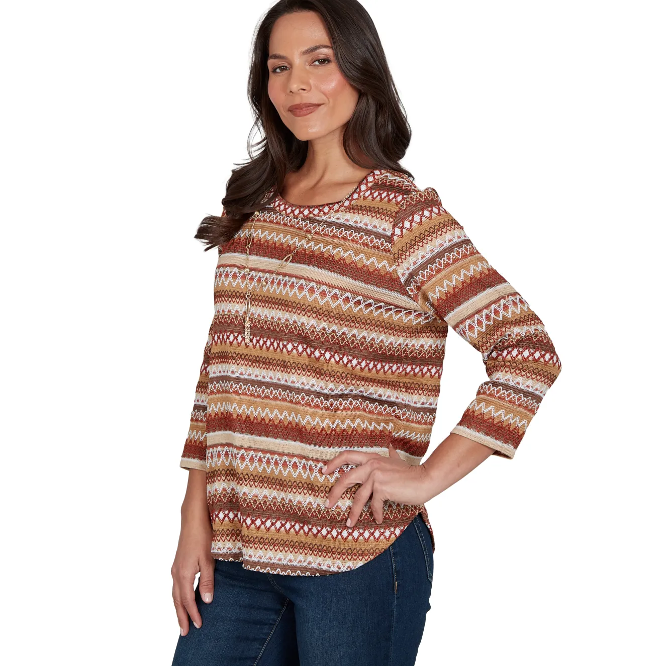 Alfred Dunner Textured Stripe Knit Top with Necklace - Tan