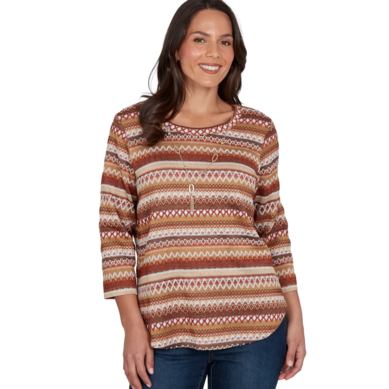 Alfred Dunner Textured Stripe Knit Top with Necklace - Tan
