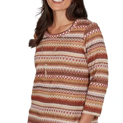 Alfred Dunner Textured Stripe Knit Top with Necklace - Tan