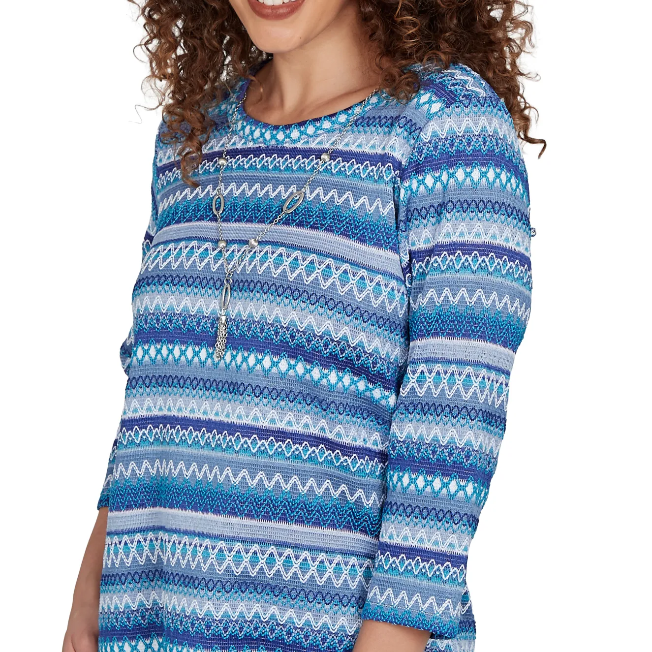 Alfred Dunner Textured Stripe Knit Top with Necklace - Blue