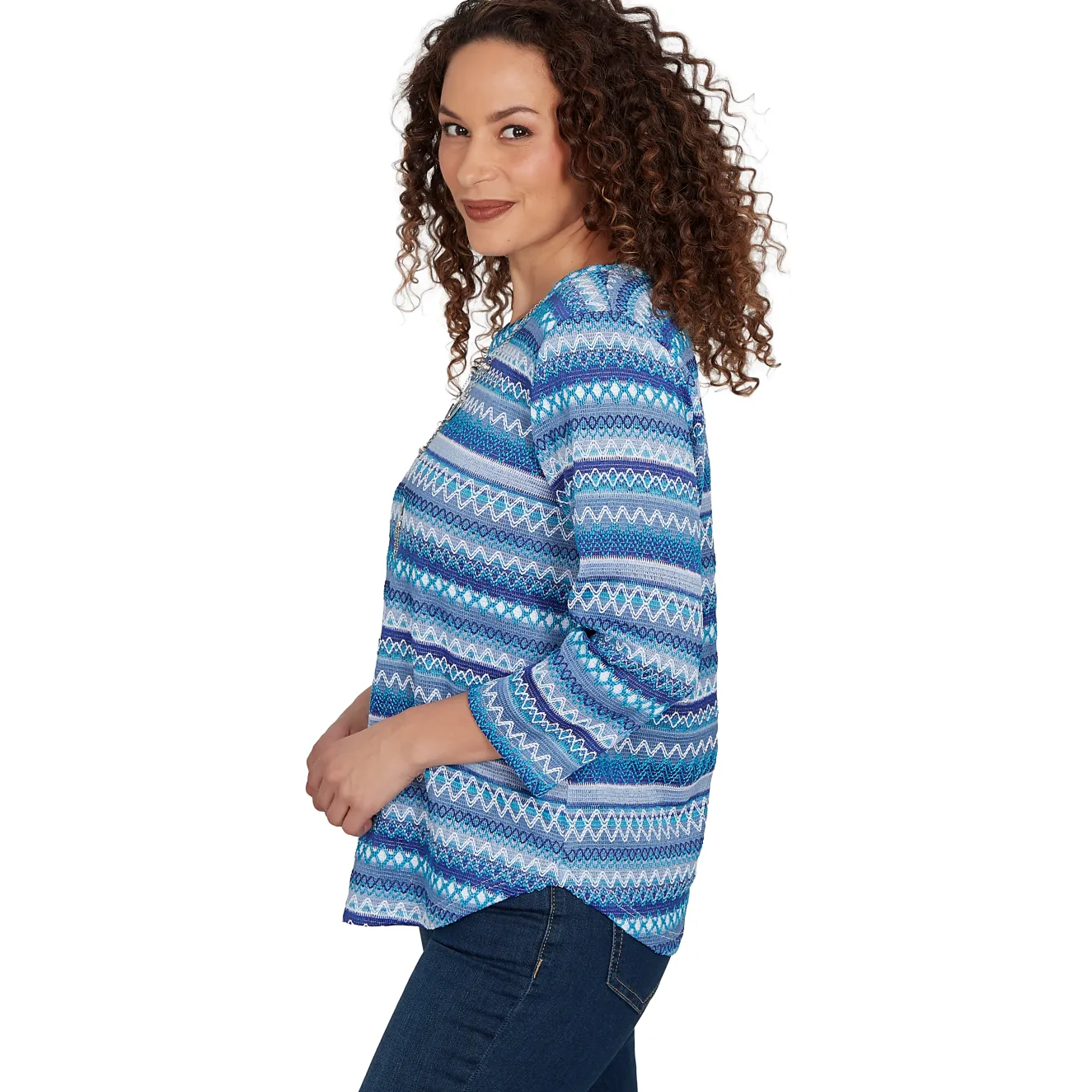 Alfred Dunner Textured Stripe Knit Top with Necklace - Blue