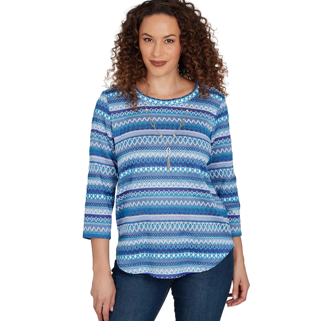 Alfred Dunner Textured Stripe Knit Top with Necklace - Blue