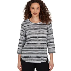 Alfred Dunner Textured Stripe Knit Top with Necklace - Grey