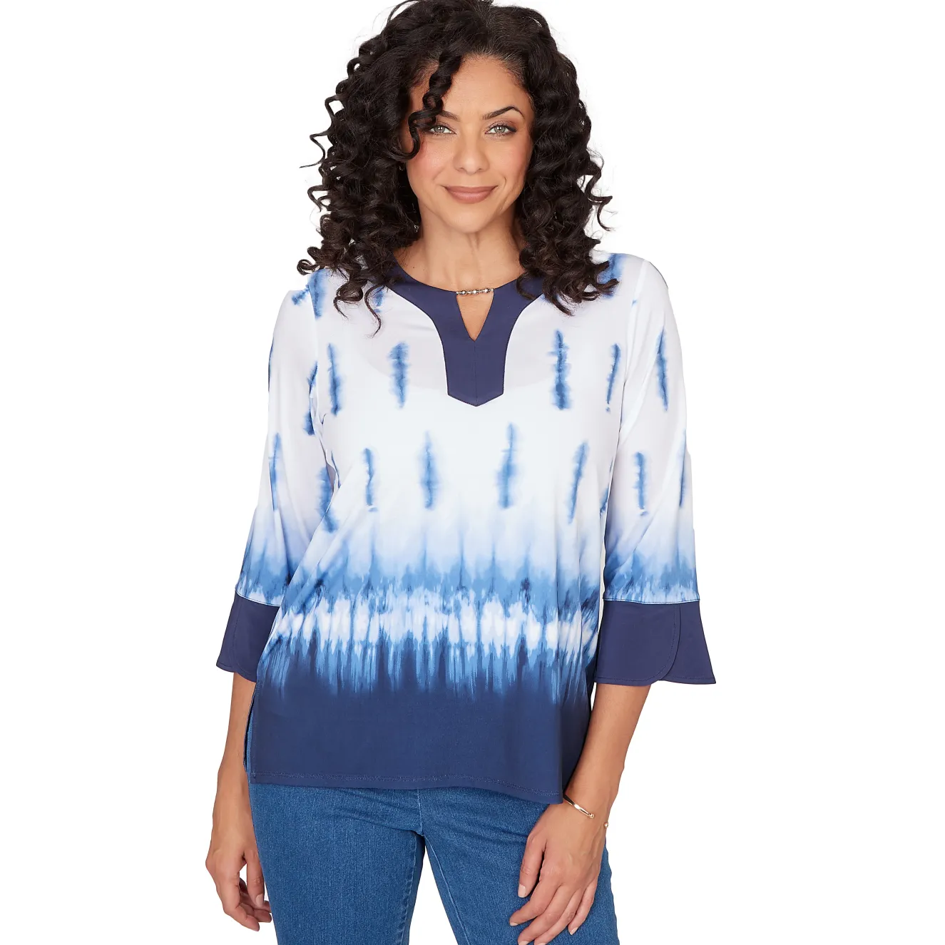 Alfred Dunner Tie Dye Border Split Neck Top, Petite