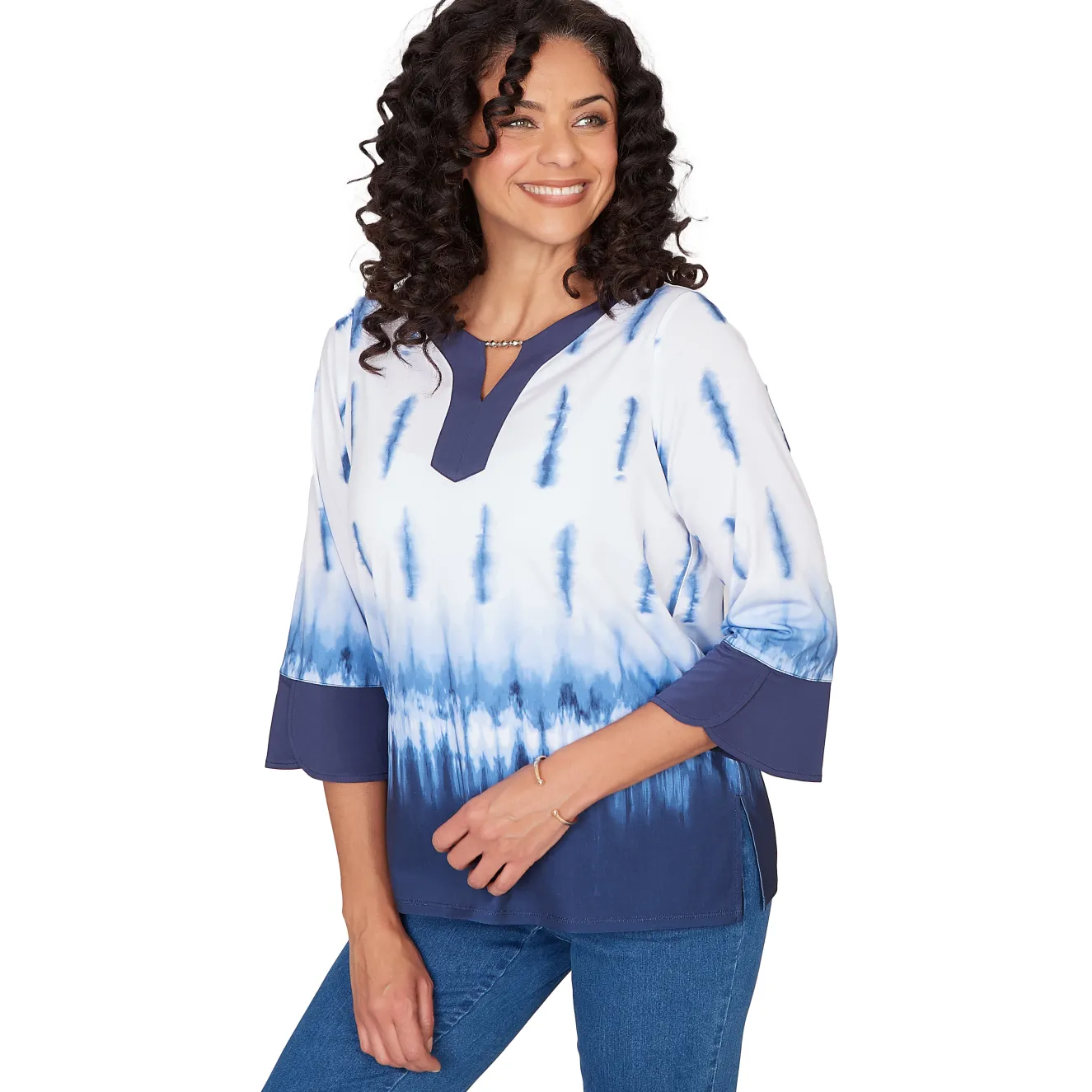 Alfred Dunner Tie Dye Border Split Neck Top
