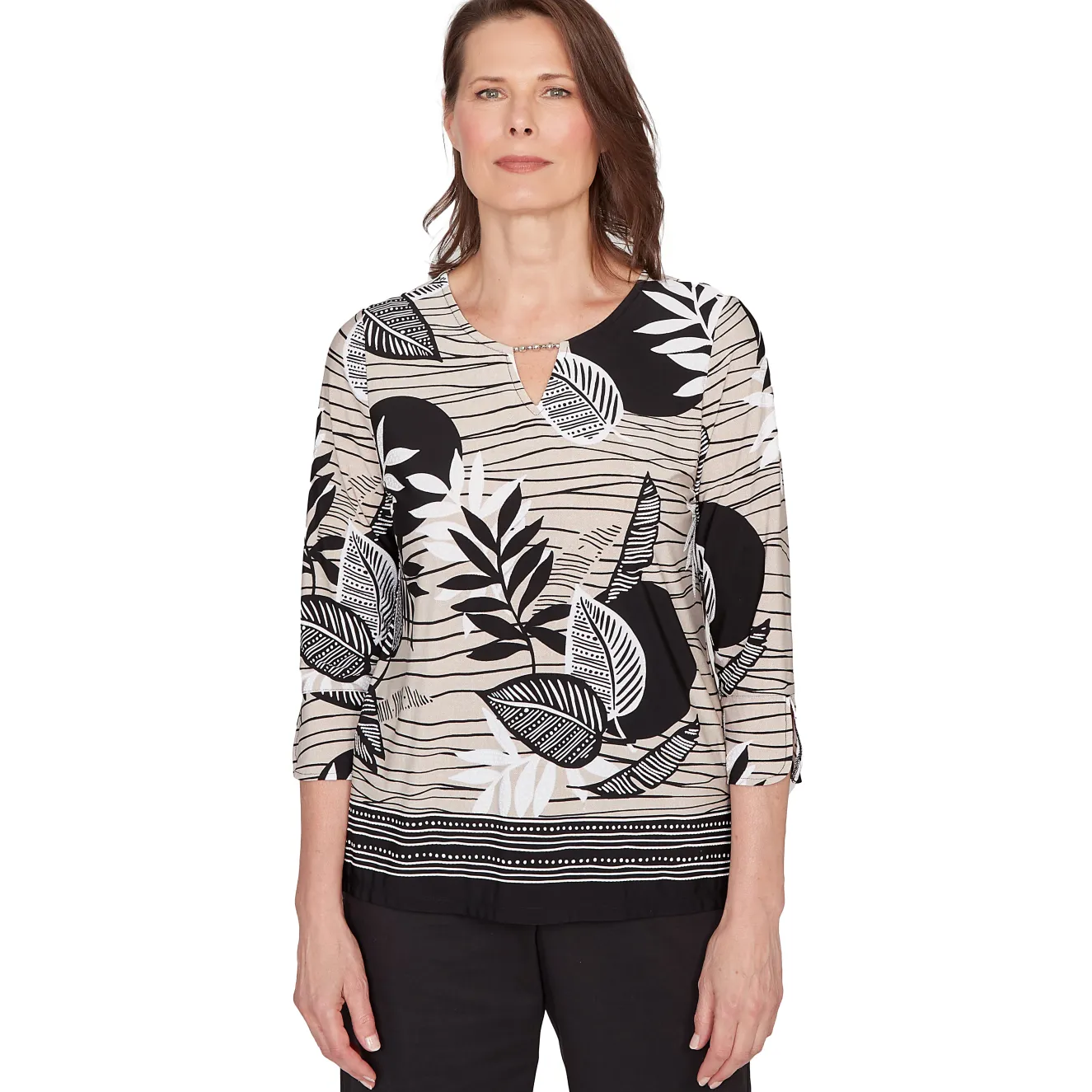 Alfred Dunner Tropical Leaf Border Print Split Neck Top, Petite