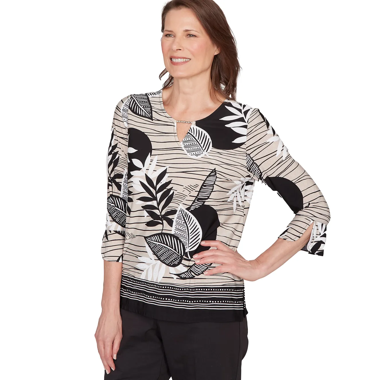 Alfred Dunner Tropical Leaf Border Print Split Neck Top, Petite