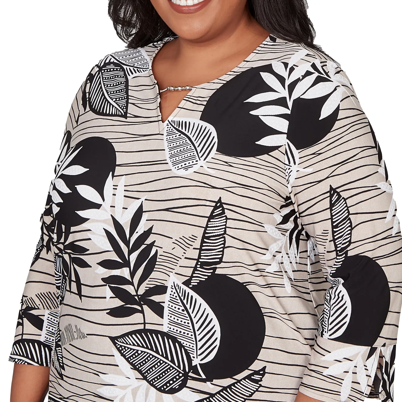 Alfred Dunner Tropical Leaf Border Print Split Neck Top, Plus