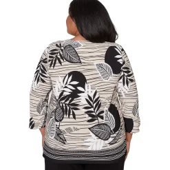 Alfred Dunner Tropical Leaf Border Print Split Neck Top, Plus