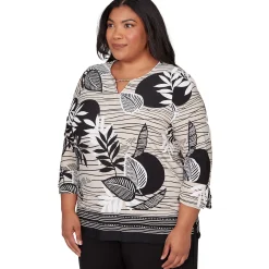 Alfred Dunner Tropical Leaf Border Print Split Neck Top, Plus