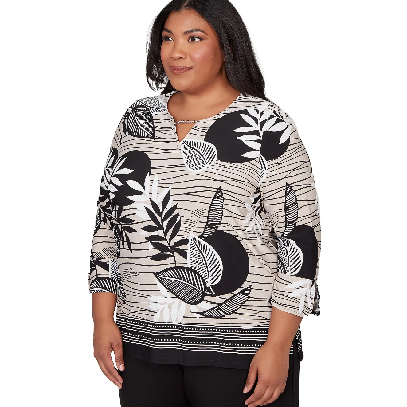 Alfred Dunner Tropical Leaf Border Print Split Neck Top, Plus