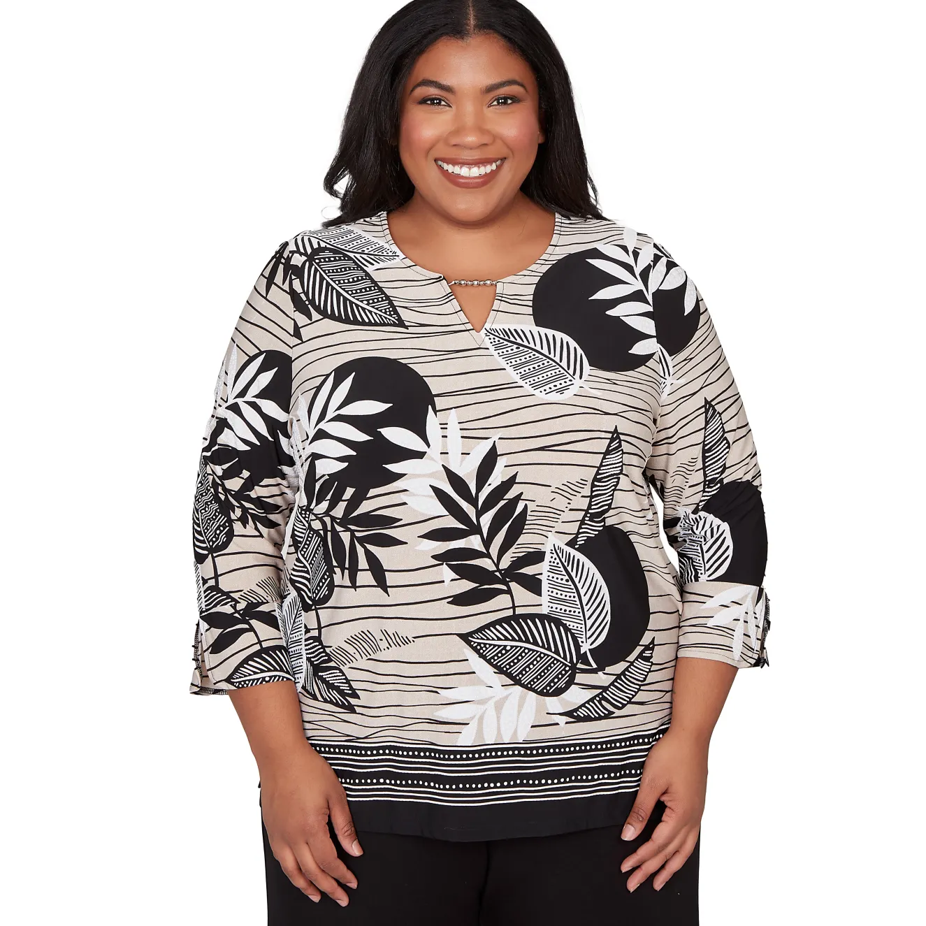 Alfred Dunner Tropical Leaf Border Print Split Neck Top, Plus