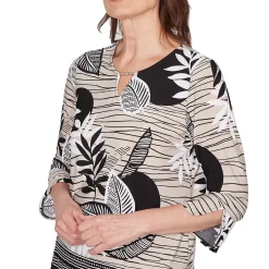 Alfred Dunner Tropical Leaf Border Print Split Neck Top