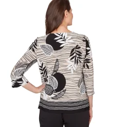 Alfred Dunner Tropical Leaf Border Print Split Neck Top