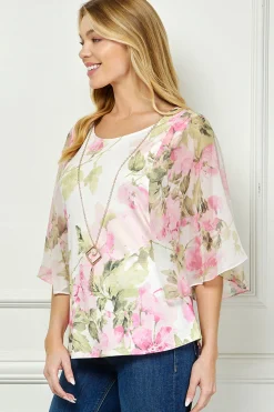 Angel Sleeve Scoop Neck Blouse with Necklace in Pink