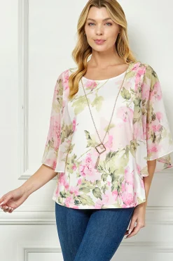 Angel Sleeve Scoop Neck Blouse with Necklace in Pink