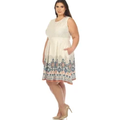 Beige Border Print Fit and Flare Knee Length Dress - Plus