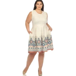 Beige Border Print Fit and Flare Knee Length Dress - Plus