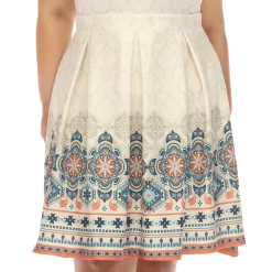 Beige Border Print Fit and Flare Knee Length Dress - Plus