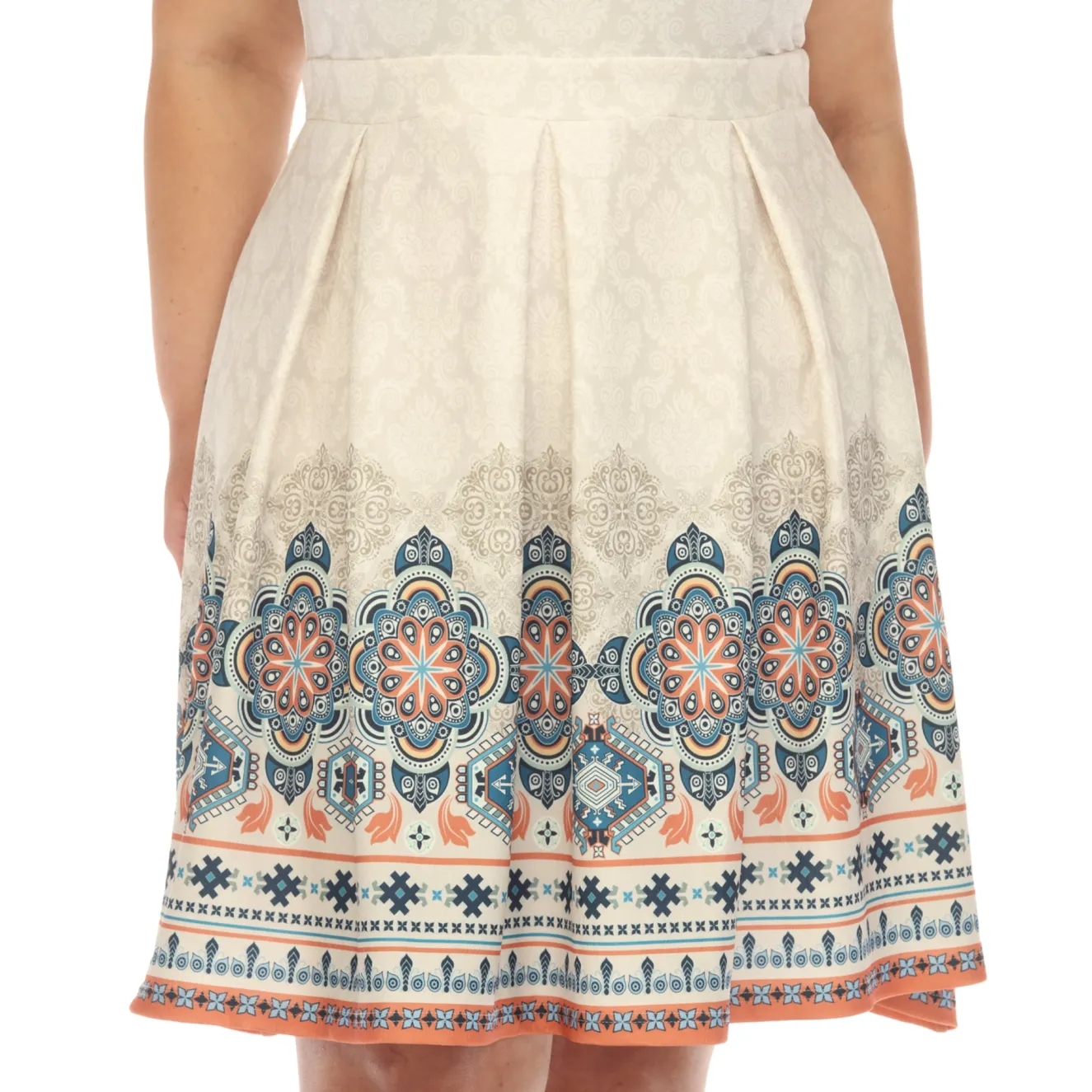 Beige Border Print Fit and Flare Knee Length Dress - Plus