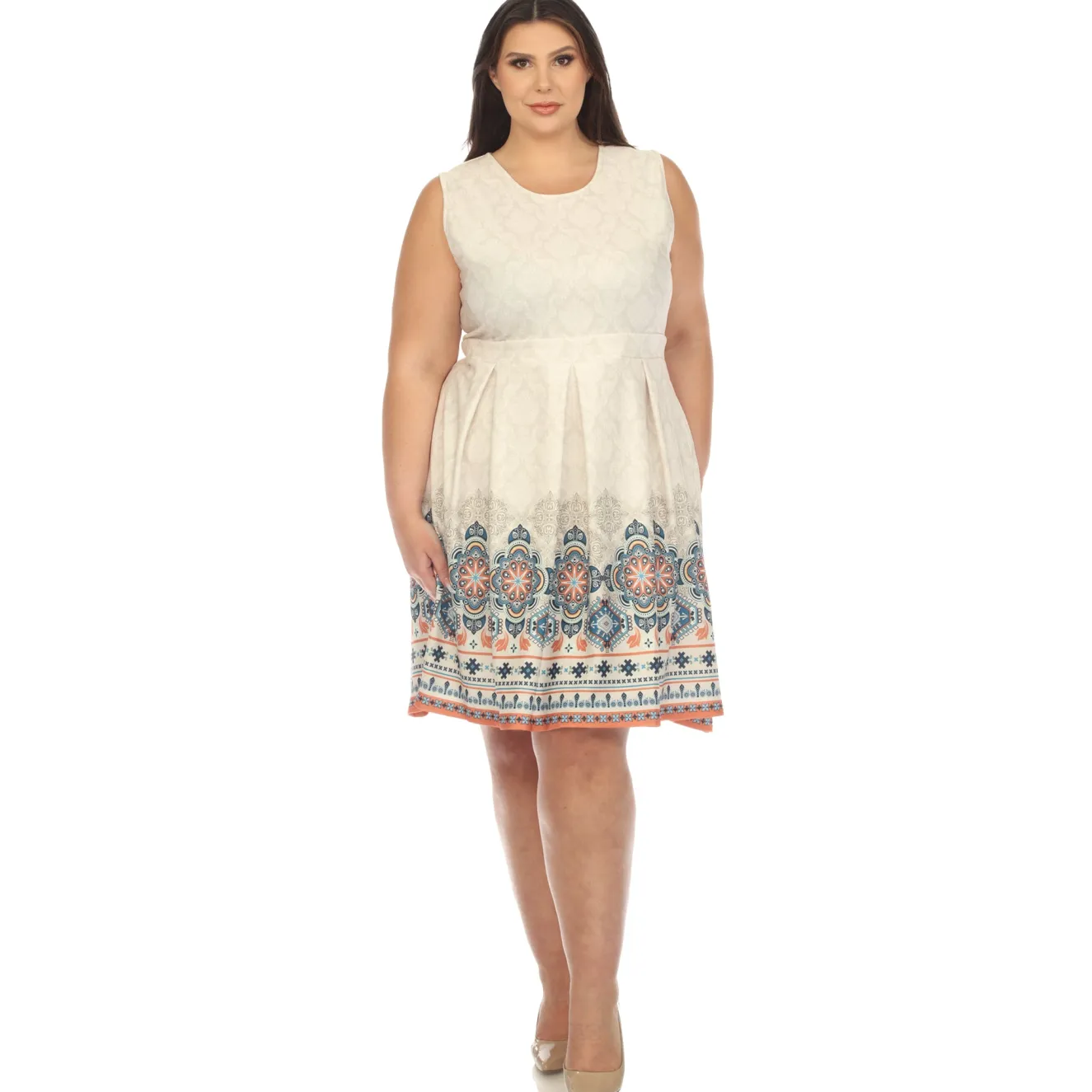 Beige Border Print Fit and Flare Knee Length Dress - Plus