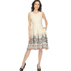 Beige Border Print Fit and Flare Knee Length Dress